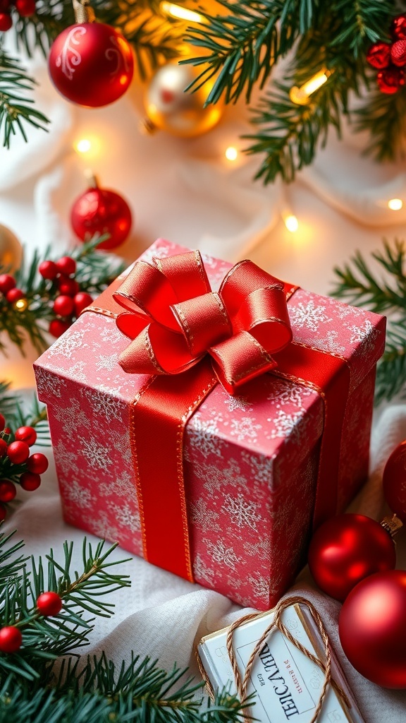 A festive Christmas gift box with decorations, symbolizing thoughtful gift ideas for a boyfriend.